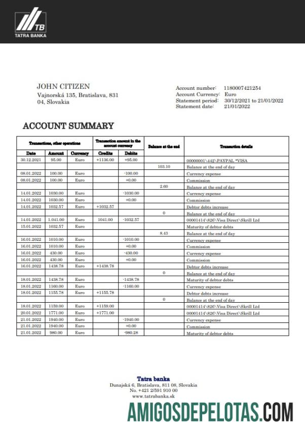 Slovakia Tatra extrato bancário amostra